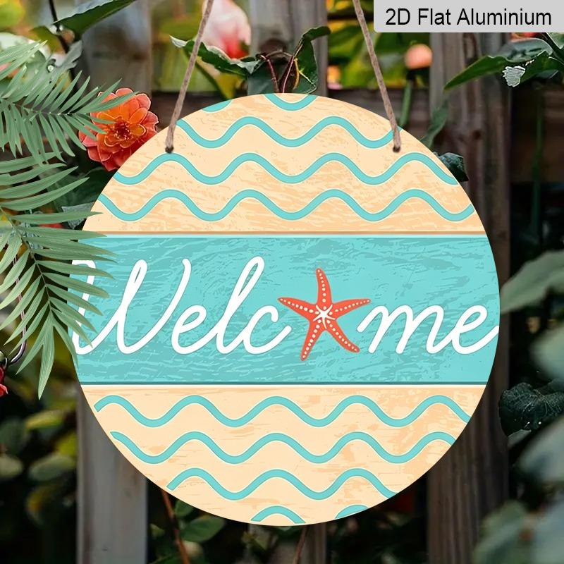 2D Flat Beach Starfish Welcome Sign, Aluminum Decorative Sign and Plaque, Various Sizes. Wave Beach Theme Nautical Style Wall Decoration Suitable for