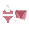 Women's Fashion Two-Piece Slim Fit Solid Color Halter Neck Bikini Set with Removable Padding and Mesh Beach Skirt Three-Piece Swimwear Set