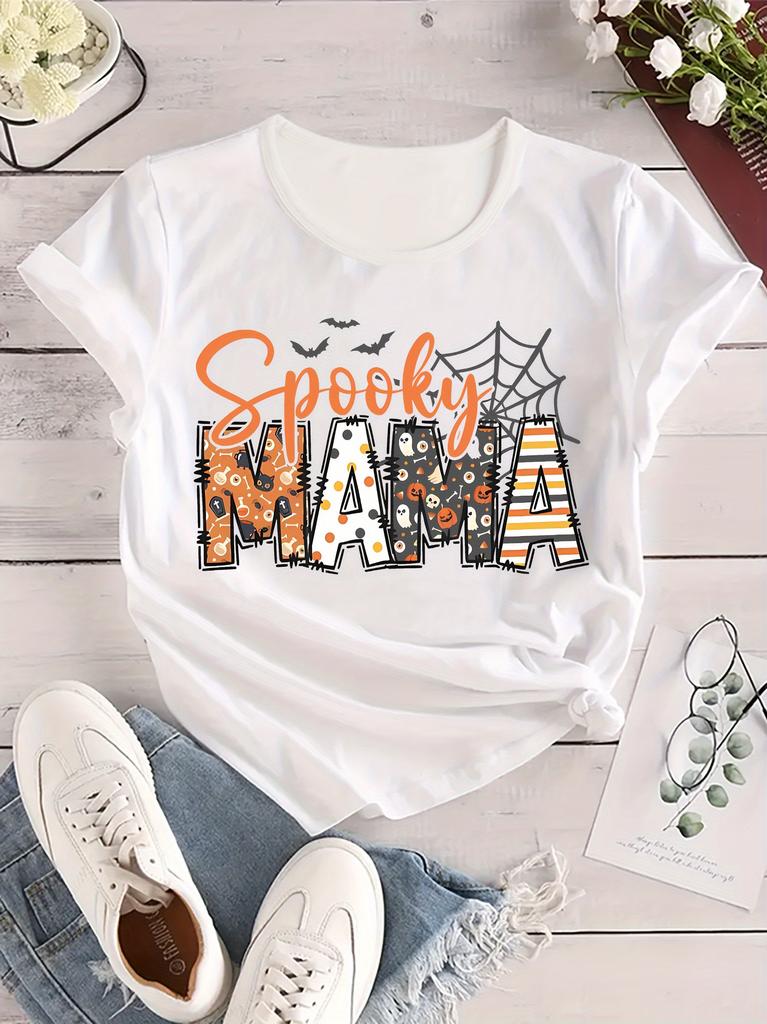 Spooky Mama Halloween Graphic Women's Casual Crew Neck Short Sleeve Spider Web Bat Design Perfect for Spring Casual Wear