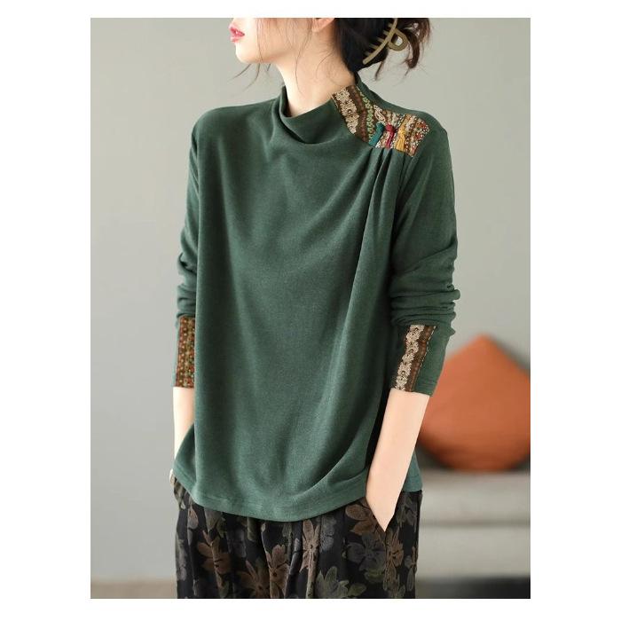 Double-sided Fleece Pullover Top Text Women's Art Retro Ethnic Style Patch Base Shirt Long-sleeved Button T-shirt