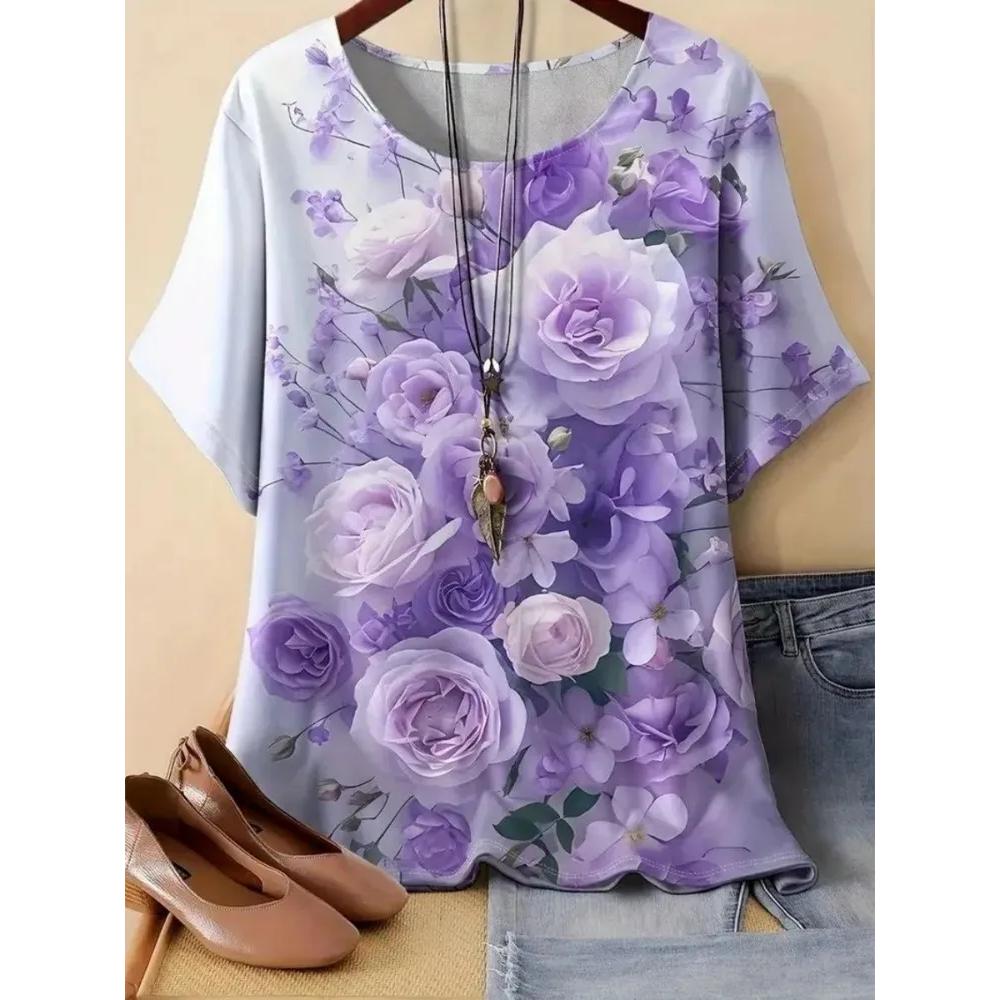Fashion Women's Flower Printed T-Shirt Casual Simple Short Sleeve Daily Comfort T-Shirts Women’s