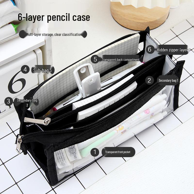 Six-Layer High Capacity Transparent Pencil Case for School Girls - Stylish and Simple Compartment Stationery Bag