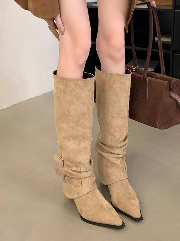 Suede Pointed Pleated Piled Boots Women's 2025 Autumn and Winter New Removable Two-wear Thin Heel Boots High Heel Short Boots