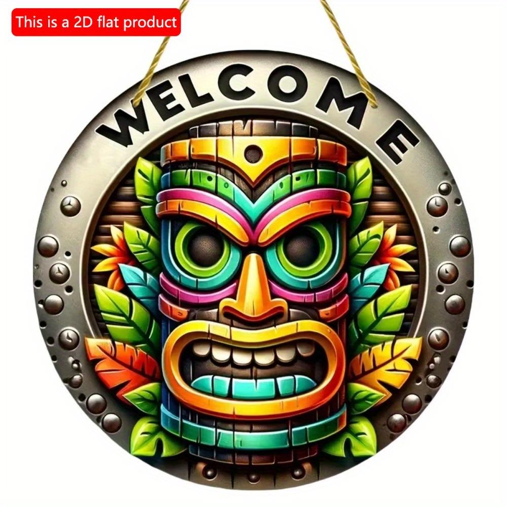 1pc 2d Flat Hawaiian Tiki Mask Bar Sign - 20cm Round Wood Art Decoration for Home, Garage, Cafe, Restaurant, Bar, BBQ, Beach, Resort Decoration