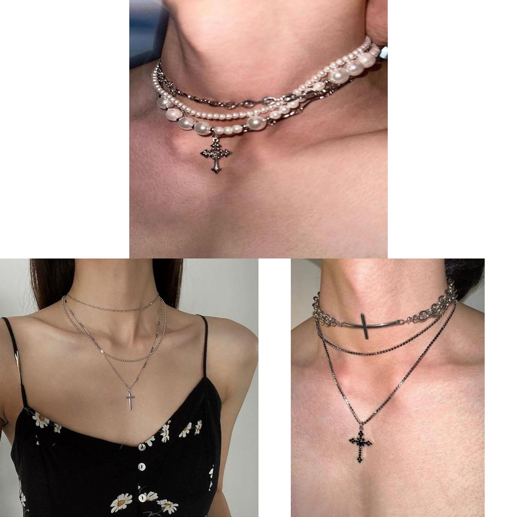 Unordered Pearl Cross Necklace With Handcrafted Alloy Chain For Unisex Fashion Accessory
