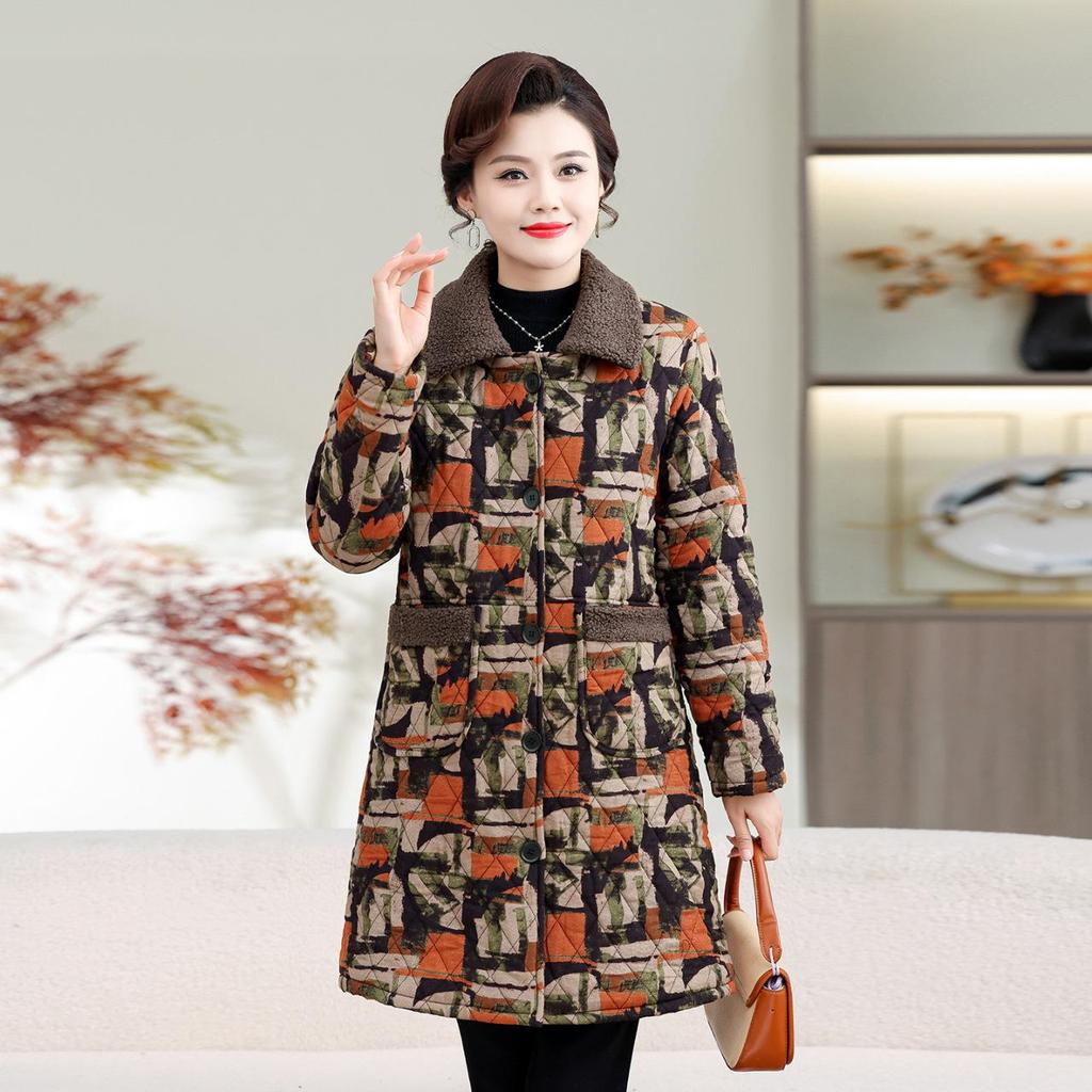 Autumn/Winter 2025 Mid-Length Plus Velvet Cotton Jacket for Stylish Middle-Aged and Elderly Women