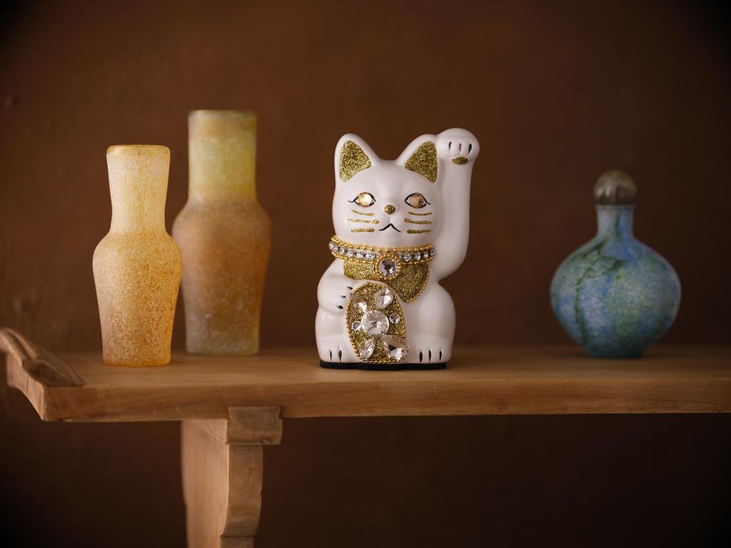 Glückskatze Schmuck Katze Linke Pfote erhoben Keramik Glückskatze Glücksbringer Feng Shui Ornament (S-SIZE Weiß) / _ Glückskatze (jw_S Weiß)