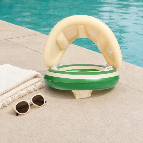 Inel gonflabil pentru bebeluși cu copertină, Inel plutitor gonflabil cu dungi pentru copii mici băieți fete, Inel pentru piscină cu protecție UV împotriva soarelui cu scaun de siguranță, Mânere