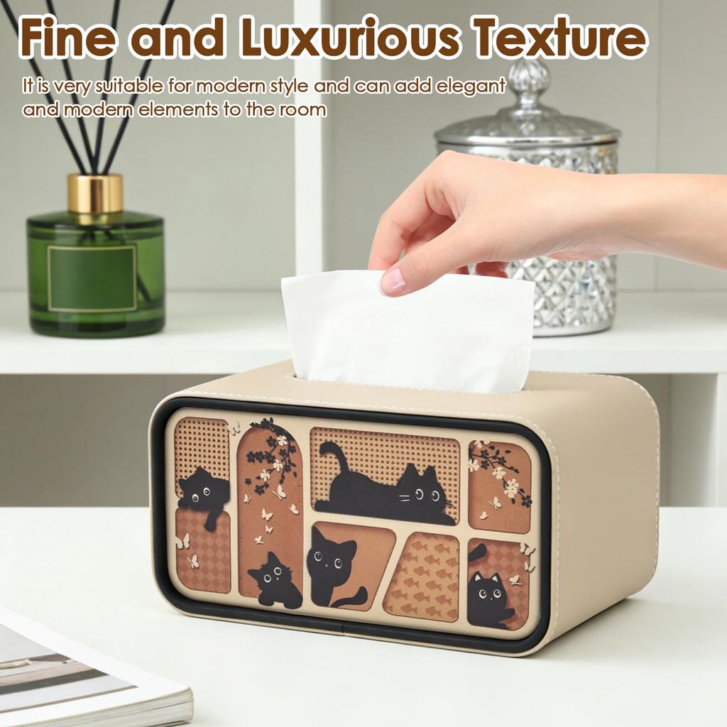 Tissue Box Cover Cat Themed Rectangular Paper Tissue Holder PU Leather Waterproof Paper Tissue Dispenser for Office Home Car