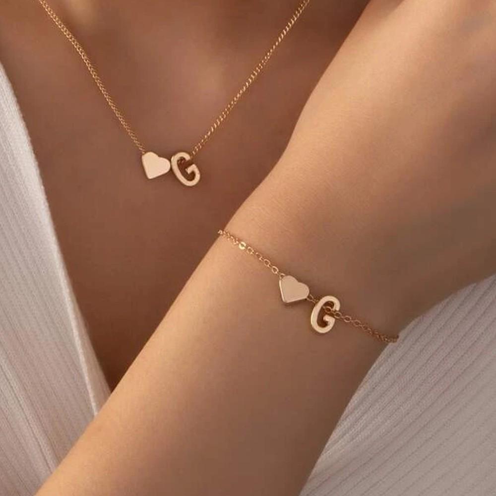Retro Metal Heart 'M' Necklace & Bracelet Set for Women - European & American Letter Jewelry