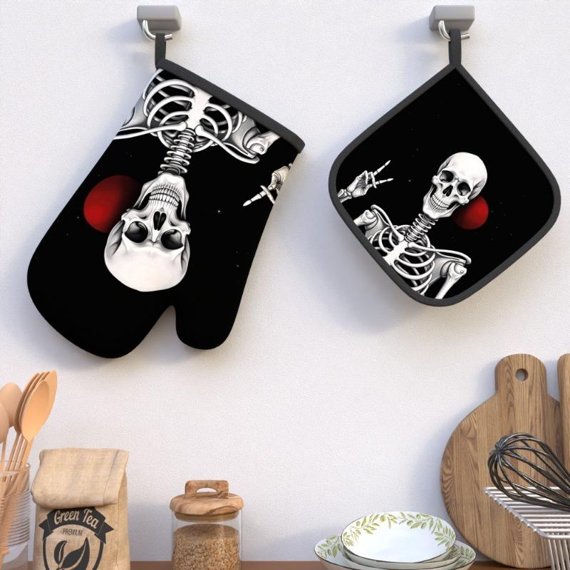 2er Set skull-Design Polyester Ofenhandschuhe, Hitzebeständige gewebte Topflappen zum Kochen, Backen, Grillen, Braten