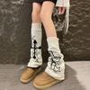 Gothic Women Leg Warmers Harajuku Punk Star Crosses Pattern Flared Knitted Foot Cover Winter Warm Long Socks Streetwear
