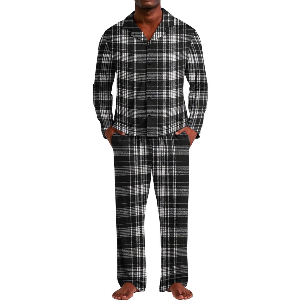Herren-Karos-Pyjama-Set mit Hemd mit Knopfleiste und Reverskragen und entspannter Passform mit geradem Bein - Zweiteilige Nachtwäsche