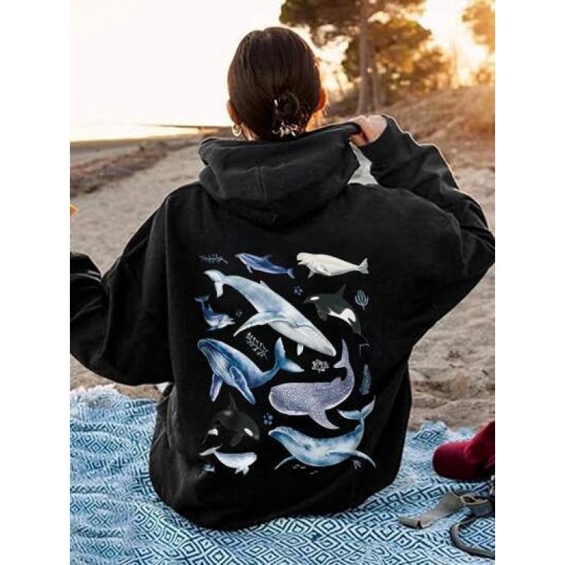 Women's American Style Ocean Print Hoodie - Autumn Winter Loose Fit