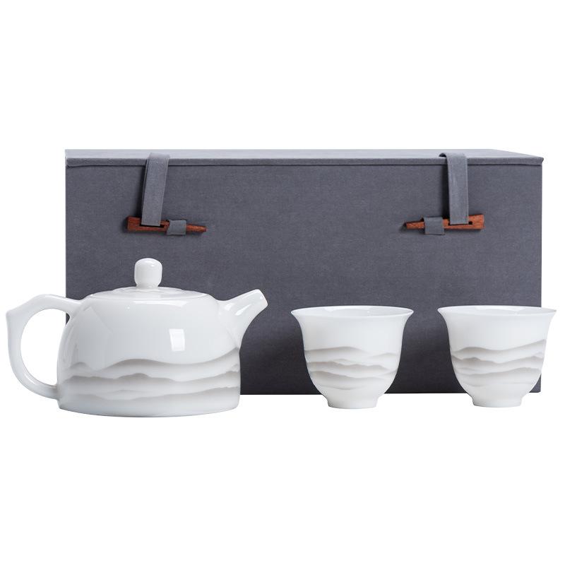 Beam Pot One Pot and Two Cups Suet Jade Porcelain Light Luxury Kung Fu Tea Set Kuaike Cup High-end Brocade Box Gift Box