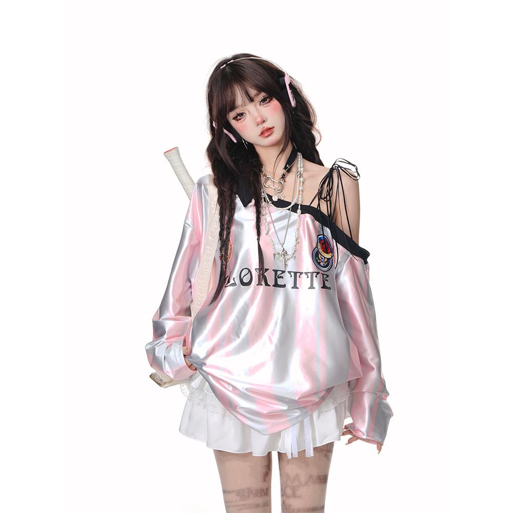 High Quality American Sloping Shoulder Baseball Jersey Hoodie Women's Loose Striped T-shirt Sports Top Y2k