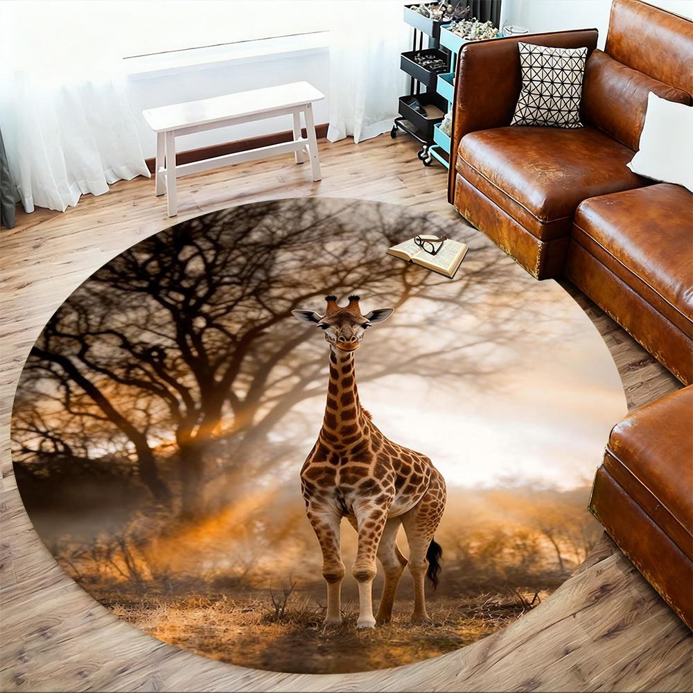 1pc Giraffe Savannah Round Chair Mat Office Area Rug - Non-Slip, Floor Mat for Office, Bedroom, and Indoor Decor P127038
