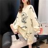 Extra-large Size Spring/autumn Short-sleeved Mid-length Top with Buttoned Patchwork Graffiti Print, Women's Style Hoodie