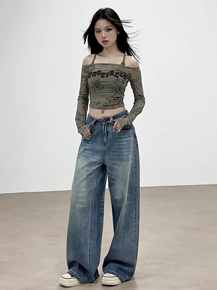 Women's High-Waist Deep Blue Wide-Leg Jeans - Versatile, Slimming, and Floor-Length for Spring & Autumn 2025