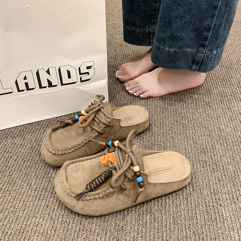 Retro baotou half slippers women's new thick-soled heightening one-pedal literary versatile shoes