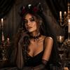 Women's Halloween Gothic Witch Party Costume Set with Rose Headpiece, Headband, Gloves and Necklace