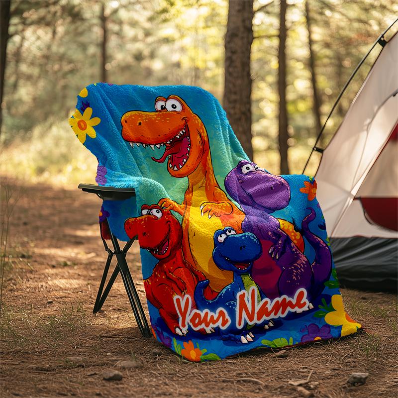 1PC Custom Name Dinosaur Friends Adventure Outdooor Flannel Blankets Patterns Throw Blanket All-Season Soft Gift for Couch, Bed, Camping Gifts