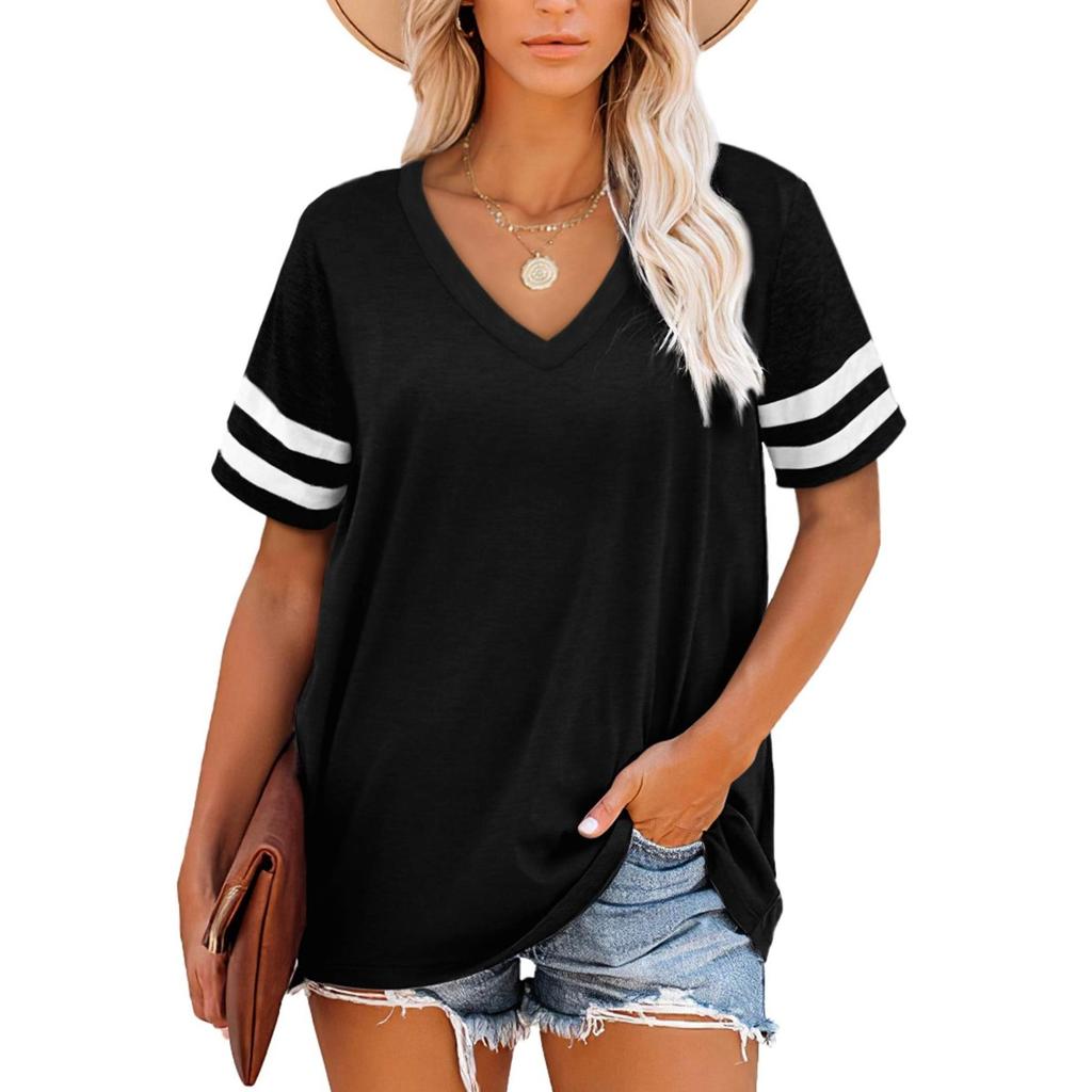 Sommer Neues Damen locker V-Ausschnitt gestreiftes Kurzarm-T-Shirt, lässiges Oberteil für Damen, grenzüberschreitende Kleidung