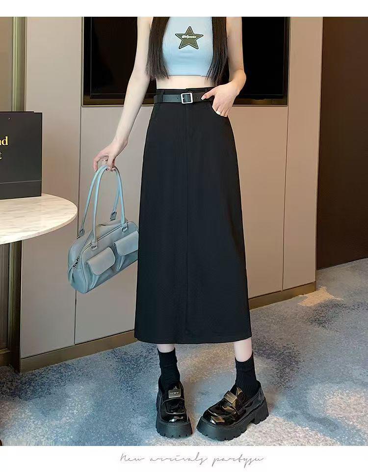 Women s High-Sense Black Slim-Fit A-Line Midi Skirt with Slit M