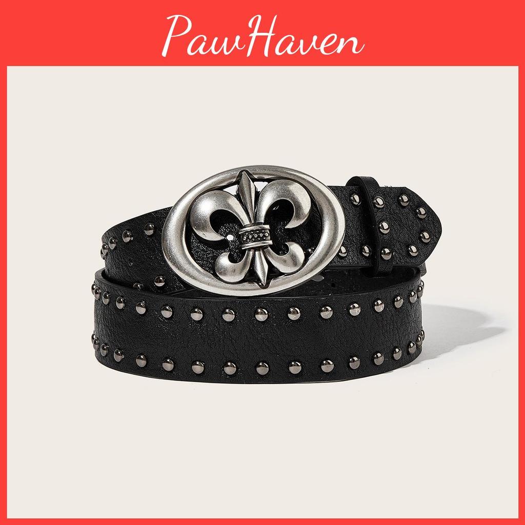Mens Leather Punk Belt With Petal Motif And Rivet Studs For Casual And Street