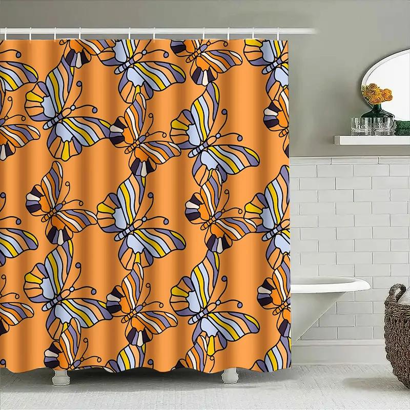 Butterfly Shower Curtain Orange Colorful Design Pattern For Bathroom Decorations High-Quality Fabric Material