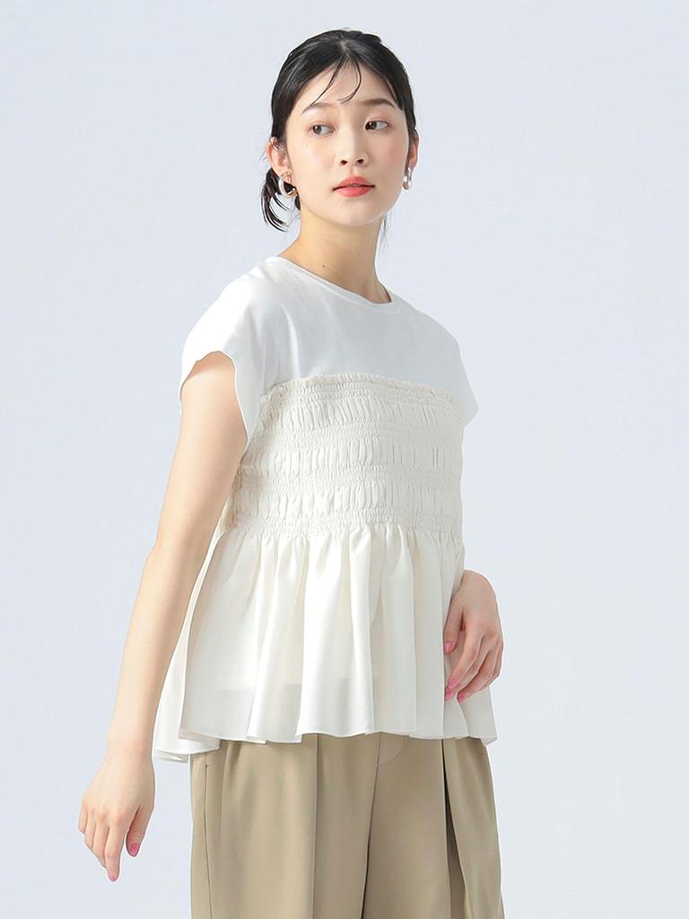 Beams Heart Mixed Material Shirred French Off One Size S/S Tee, Pullover, Women's, White,