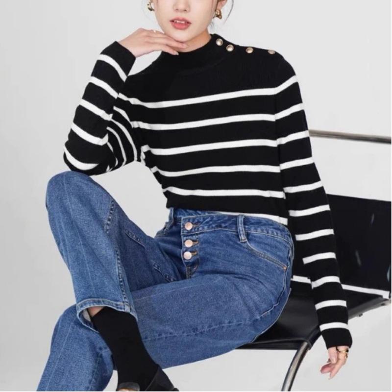 

Осень Новая Мода Универсальный Высококлассный Полосатый Свитер Свитер Женский Шикарный Западный Стиль Базовая Рубашка Топ onesize чёрный/белый