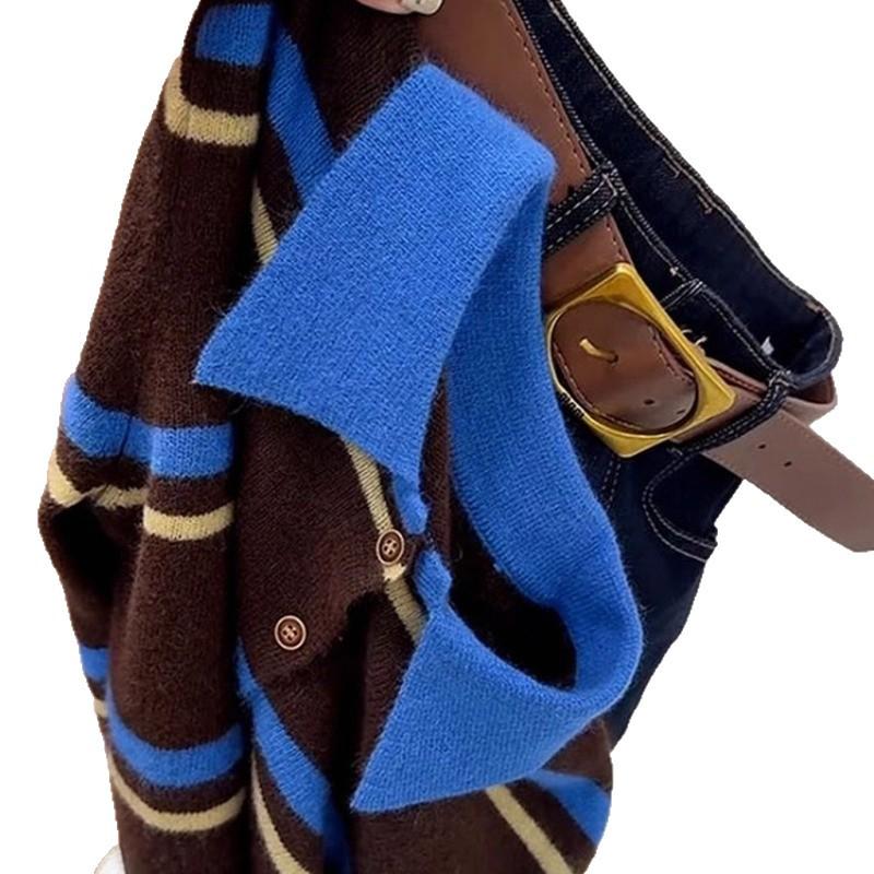 French Retro Polo Collar Color Block Stripe Knit Sweater - Soft, Chewy, and Stylish for Women in Autumn