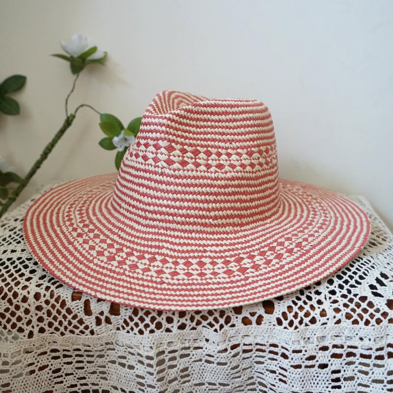 Retro Red Beige Big-Brimmed Vacation Straw Hat Summer Female Sunshade Sun Protection Beach Handmade Straw Flat Top Hat
