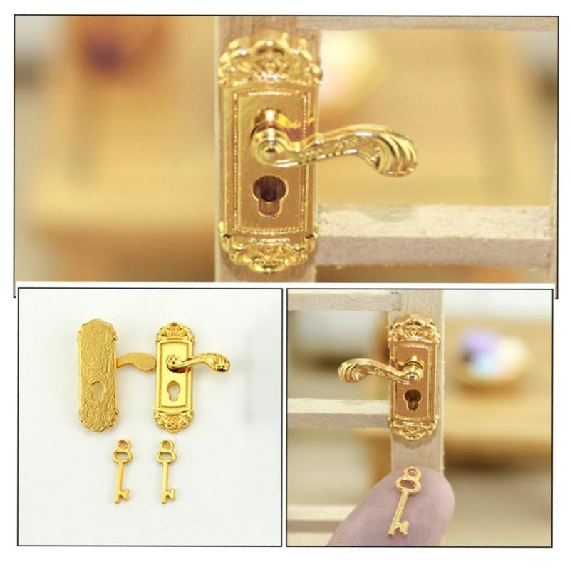 1:12 Scale Miniature Door Lock and Key Set 2 in 1 Pack Door Knocker Lock Set Vintage Dollhouses Decoration Accessories