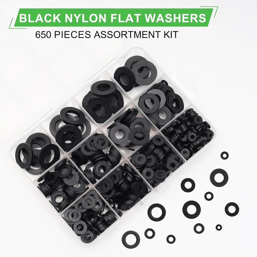 650-Piece Black Nylon Flat Washer Set with Insulating Gaskets