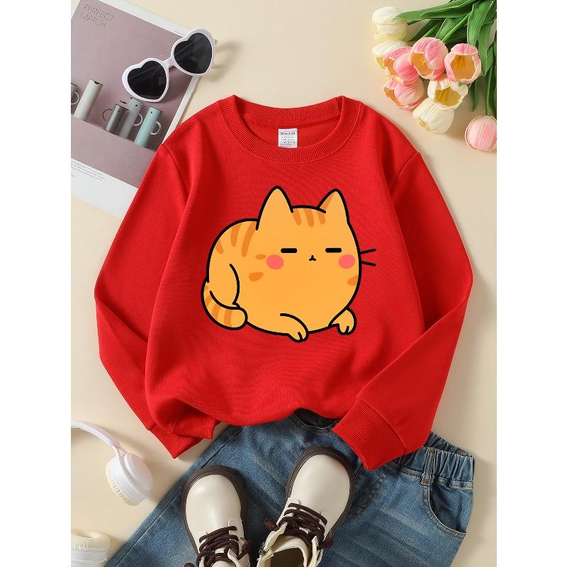 Kids' Sweatshirts, Girls' Sweatshirts, Girls' Autumn Winter Fashion Cute Orange Cat Print Long Sleeve Round Neck Sweatshirt