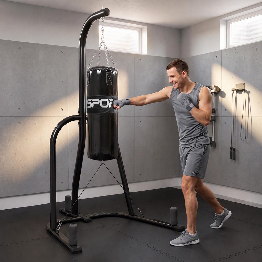 Punching Bag Stand Freestanding Punching Bag Holder with Punching Bag Bungee Cord 360 degrees Chain U-Base Weight Plate Holder Steel