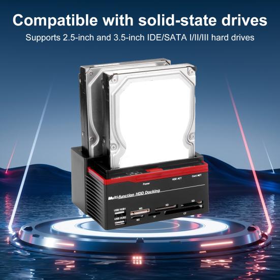 USB2.0 to IDE/SATA Dual-disk Multi-function Hard Disk Dock LED Indicators Card Reader 2xUSB2.0 for WinXP/Vista/7/8/10 Linux MAC OS