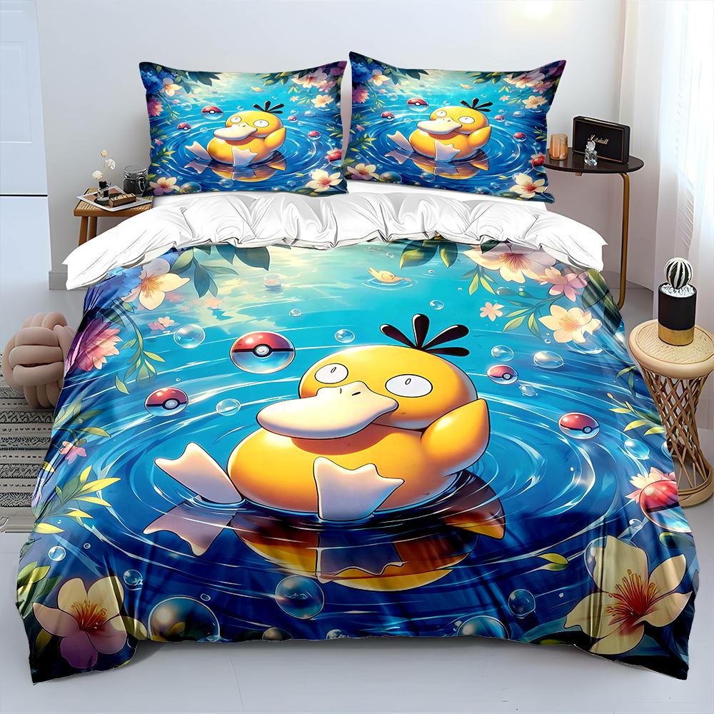 Cute Japanese Anime P0kem0n Psyduck Printed Bedding Set Duvet Cover 1 Duvet Cover 2 Pillowcases Surprise Gift for Boys and Girls 140x200cm
