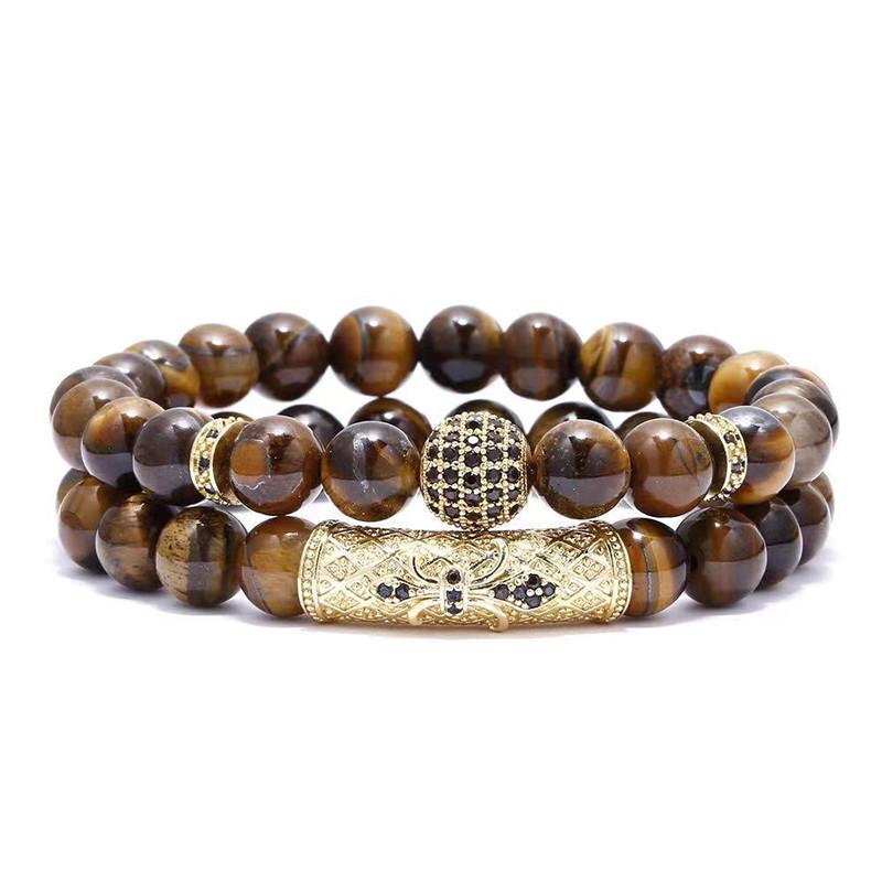10mm Red Tiger Eye & Matte Agate Bracelet Set with Rhinestone Pave Ball 8MM