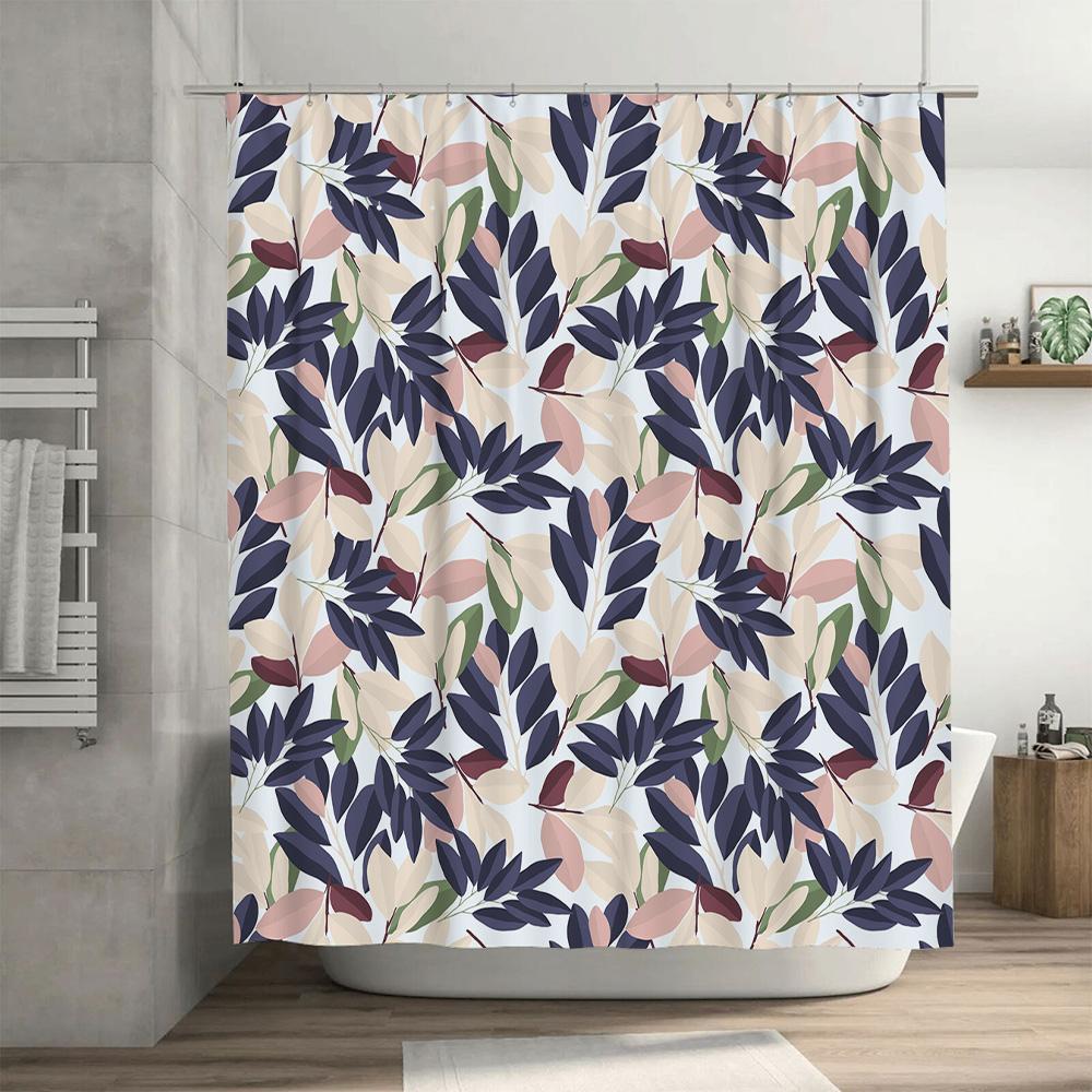 Leaf Pattern Shower Curtain Set Navy Blue Pink Floral Design for Bathroom Decor