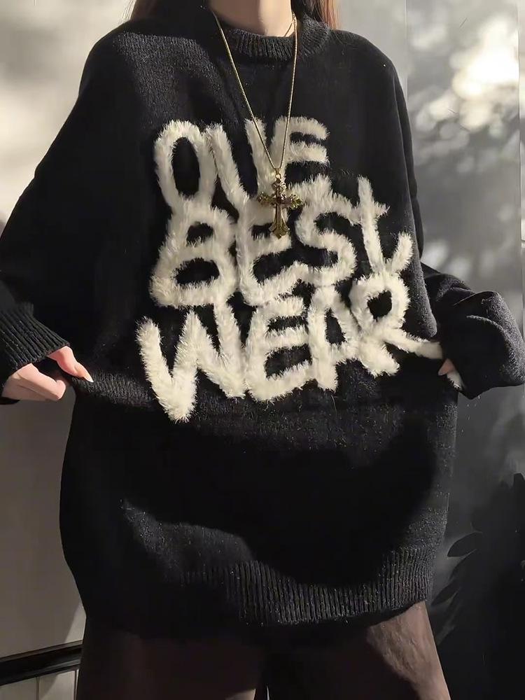 Men's Black Jacquard Mink Velvet Knit Sweater - American Retro, Heavyweight, Soft, High Elastic, Autumn/Winter Style.