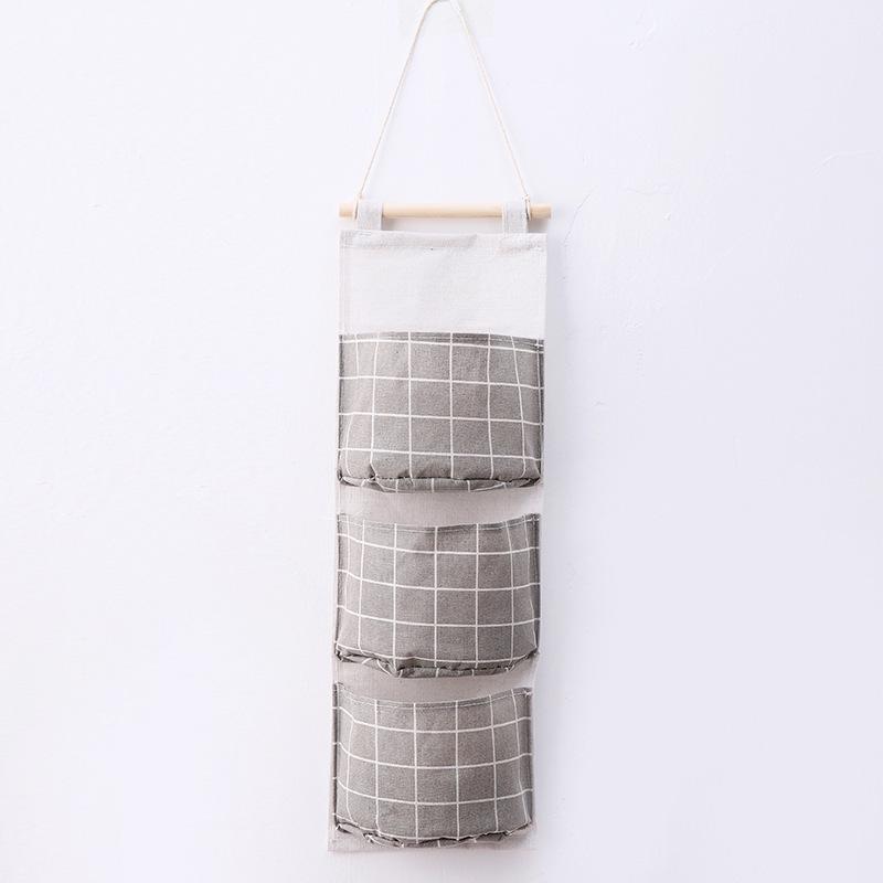 Plaid Cotton Linen Hanging Storage Bag 3 Pocket Door Organizer Wall Mount Pouch for Bedroom Bathroom Storage Holder