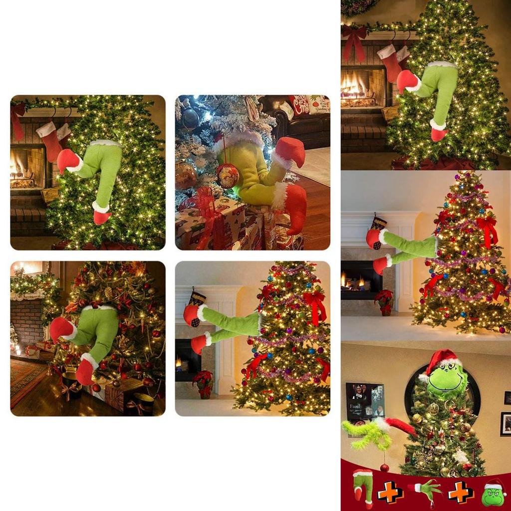 Charming Grinch Christmas Decorations Furry Green Leg And Head Tree Ornament Set