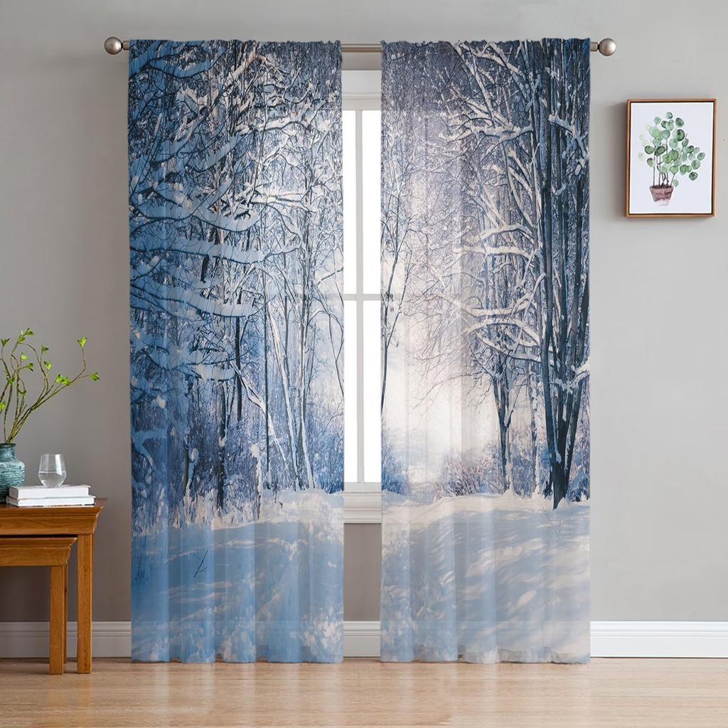 Christmas Tree Print Curtain Bedroom Living Room Cafe Xmas Snowflake Winter Semi Drape Voile Window Treatment Sheer For Sitting Made Of Polyester