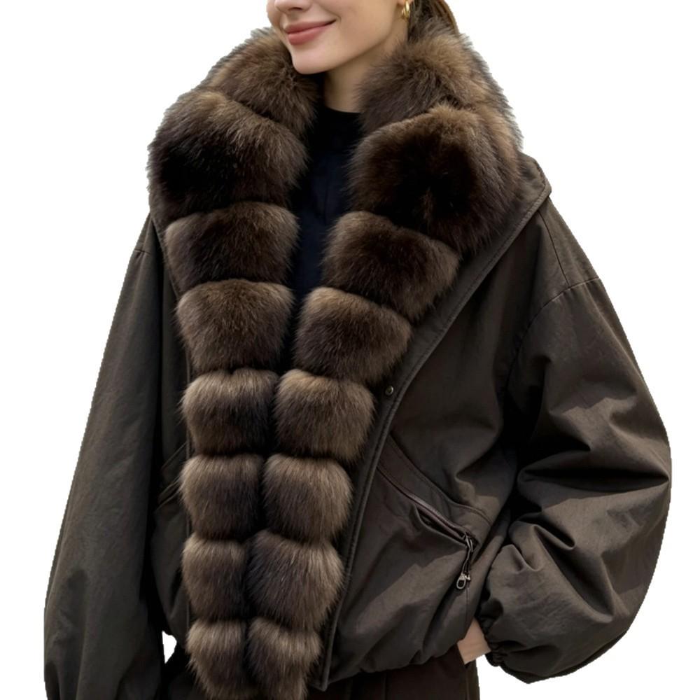 Women's Fashionable Down Jacket with Real Fox Fur Collar, Loose Fit, Thick and Warm Winter Outerwear.