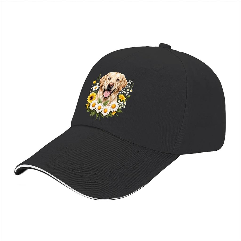 Labrador Dog Sunflower Daisy Floral Print Baseball Cap Unisex Polyester Adjustable Outdoor Hat