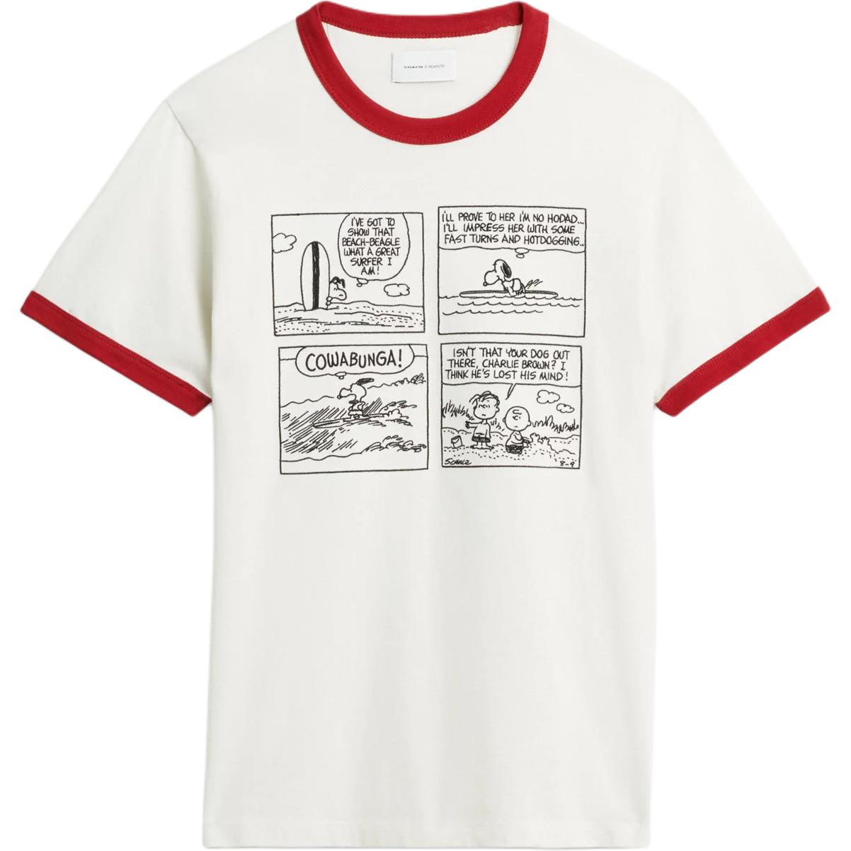 Coach X Peanuts SS25 Snoopy 75th Anniversary Series Color Block Trim Comic Print Round Neck Short Sleeve T-Shirt Unisex Tops Cream-White CBL82-CRM L