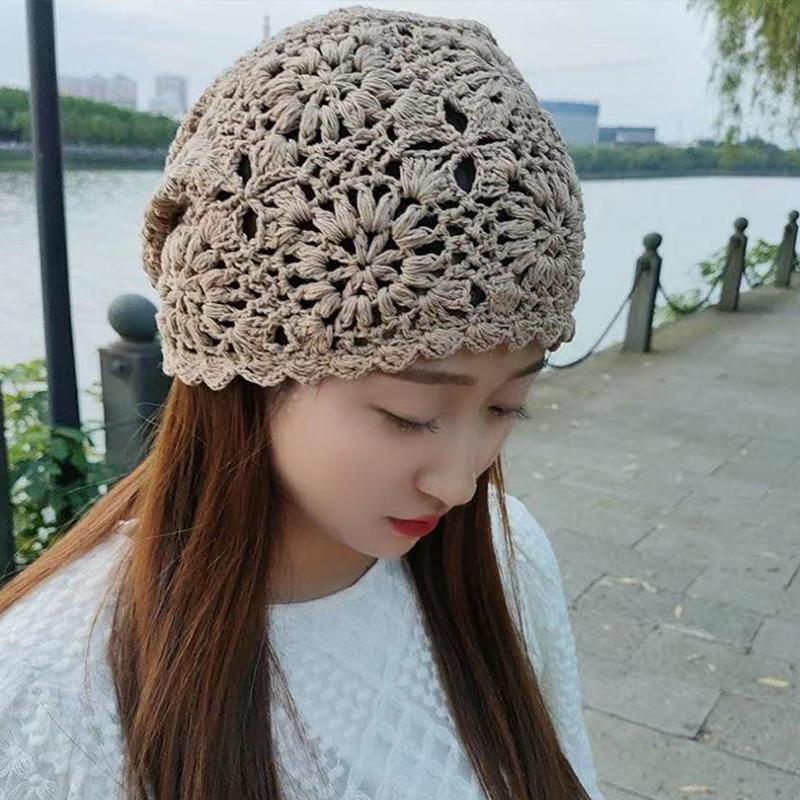 Women'S Solid Color Crochet Hollow Knitted Hat Summer  Vintage Beanie
